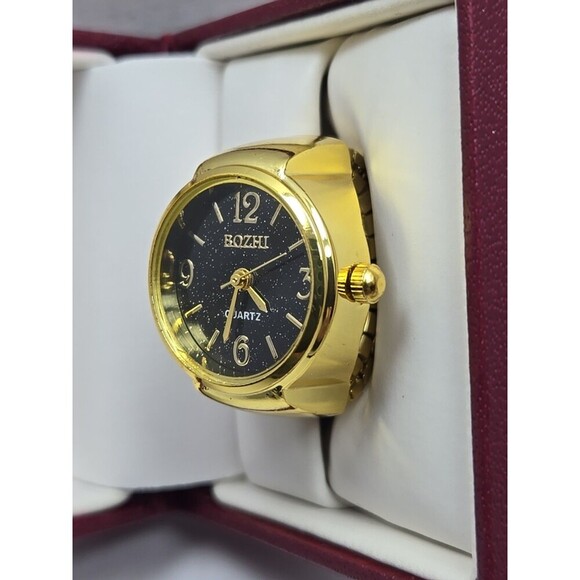 Bozhi Gold Tone Quartz Ring Watch Black Dial New Battery Retro Stretch Accessory - Picture 2 of 9